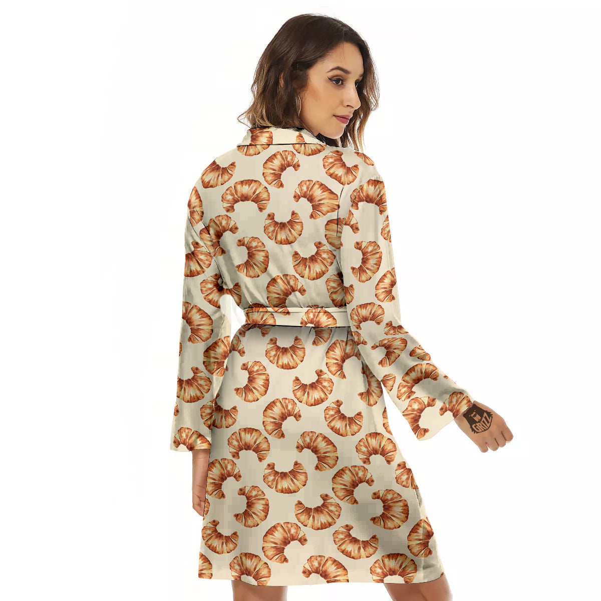 Beige Croissant Watercolor Print Pattern Women's Robe-grizzshop