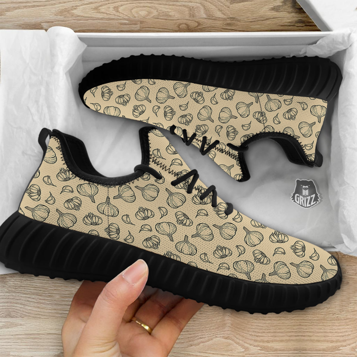 Beige Drawing Garlic Print Pattern Black Walking Shoes-grizzshop