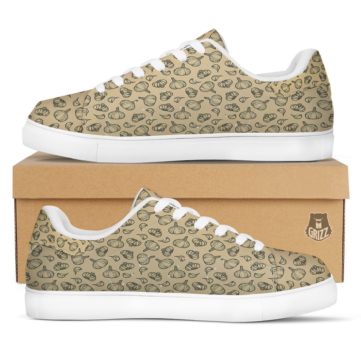 Beige Drawing Garlic Print Pattern White Low Top Sneakers-grizzshop