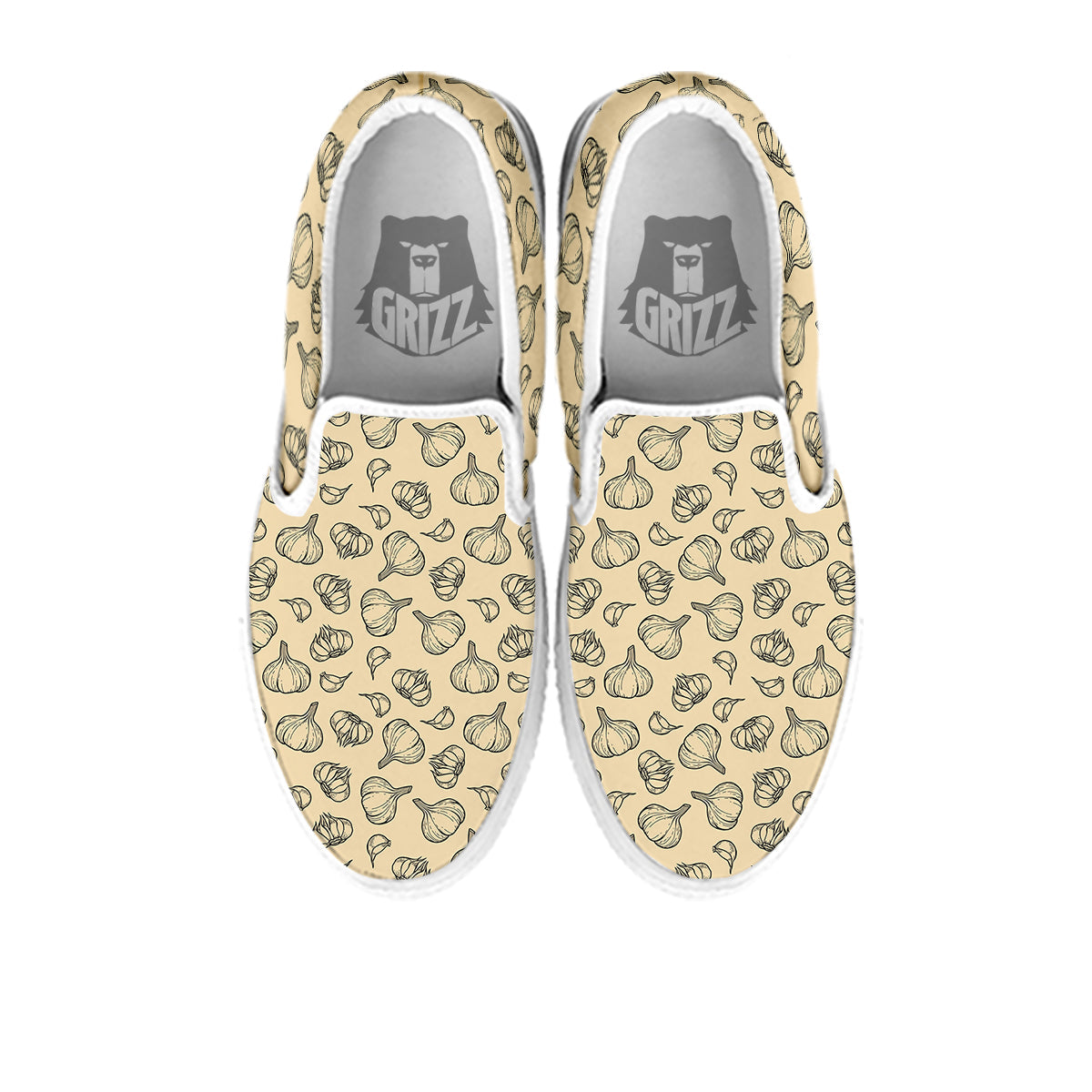 Beige Drawing Garlic Print Pattern White Slip On Shoes-grizzshop