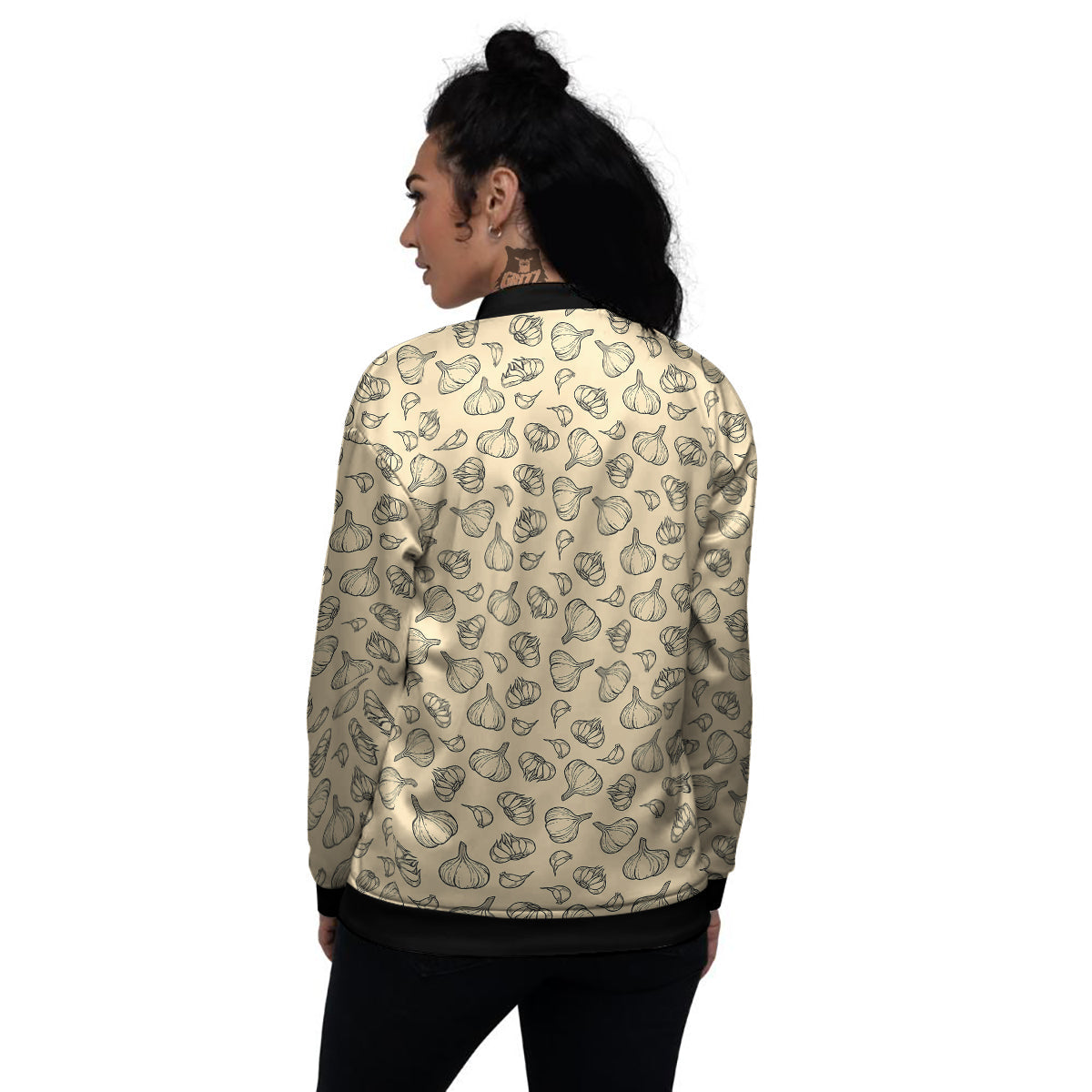 Beige Drawing Garlic Print Pattern Women's Bomber Jacket-grizzshop
