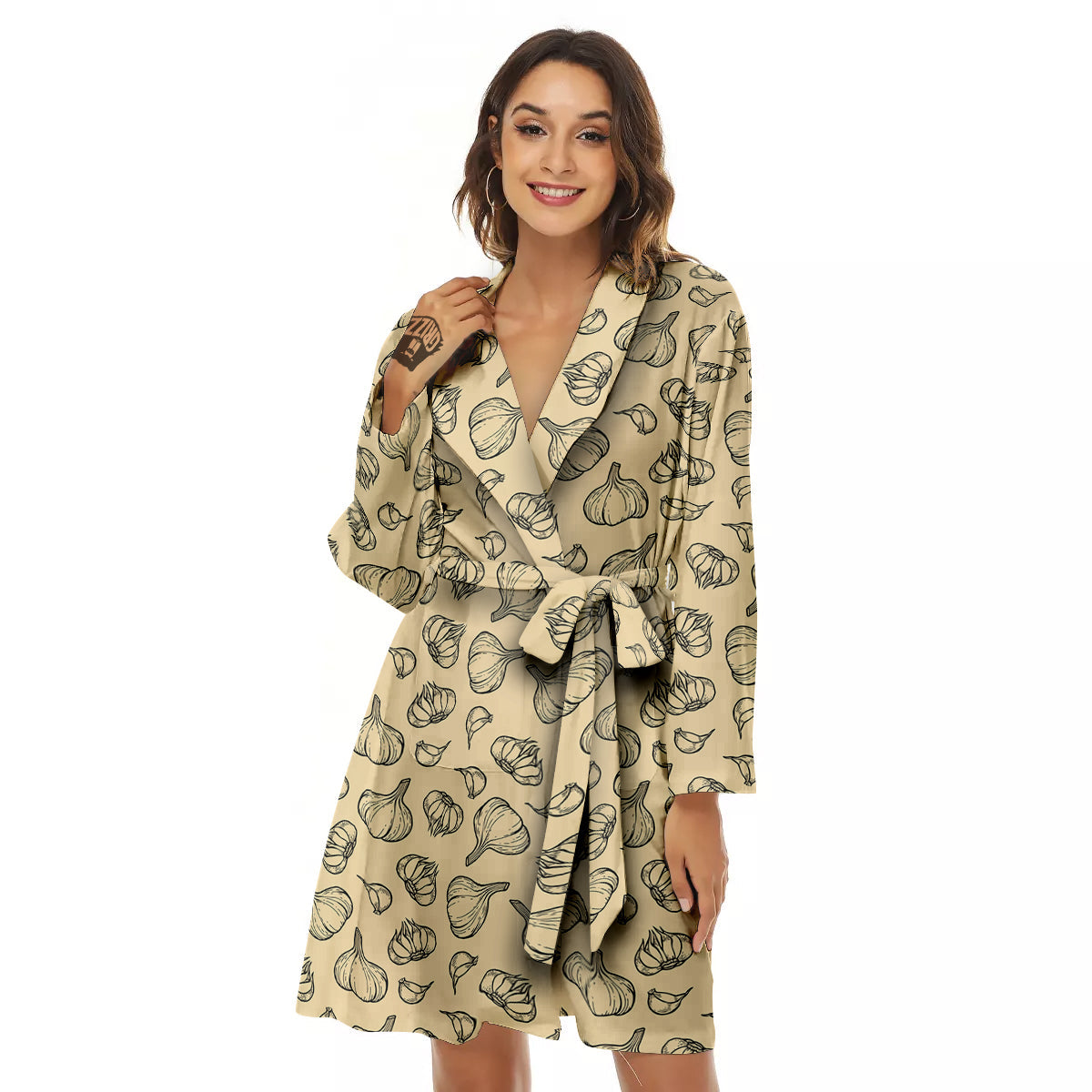 Beige Drawing Garlic Print Pattern Women's Robe-grizzshop