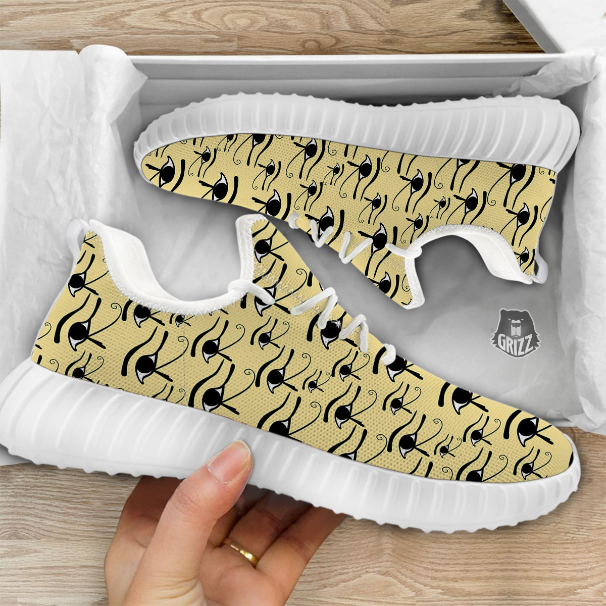Beige Eye of Horus Print Pattern White Walking Shoes-grizzshop