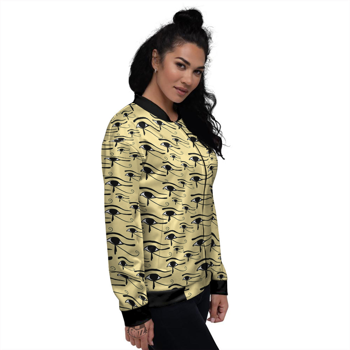 Beige Eye of Horus Print Pattern Women's Bomber Jacket-grizzshop