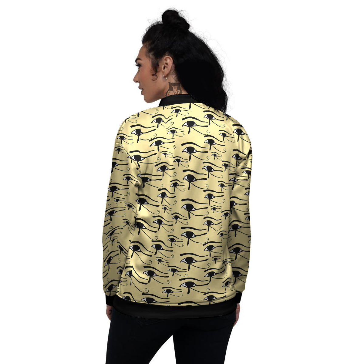 Beige Eye of Horus Print Pattern Women's Bomber Jacket-grizzshop