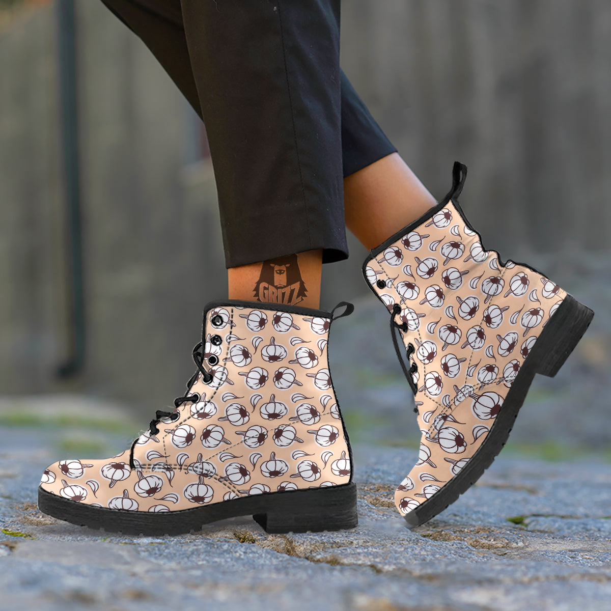 Beige Garlic Print Pattern Leather Boots-grizzshop
