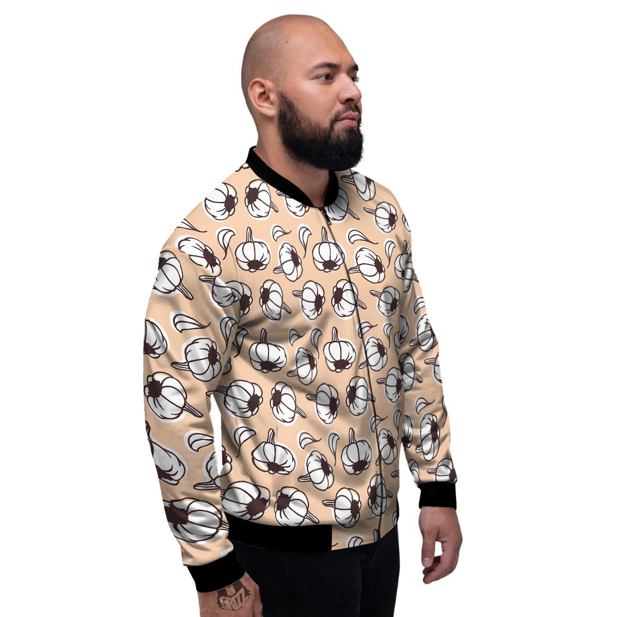 Beige Garlic Print Pattern Men's Bomber Jacket-grizzshop