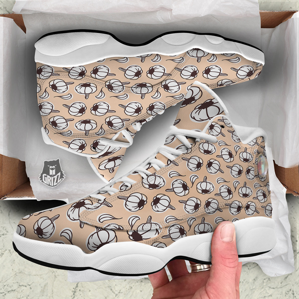 Beige Garlic Print Pattern White Basketball Shoes-grizzshop