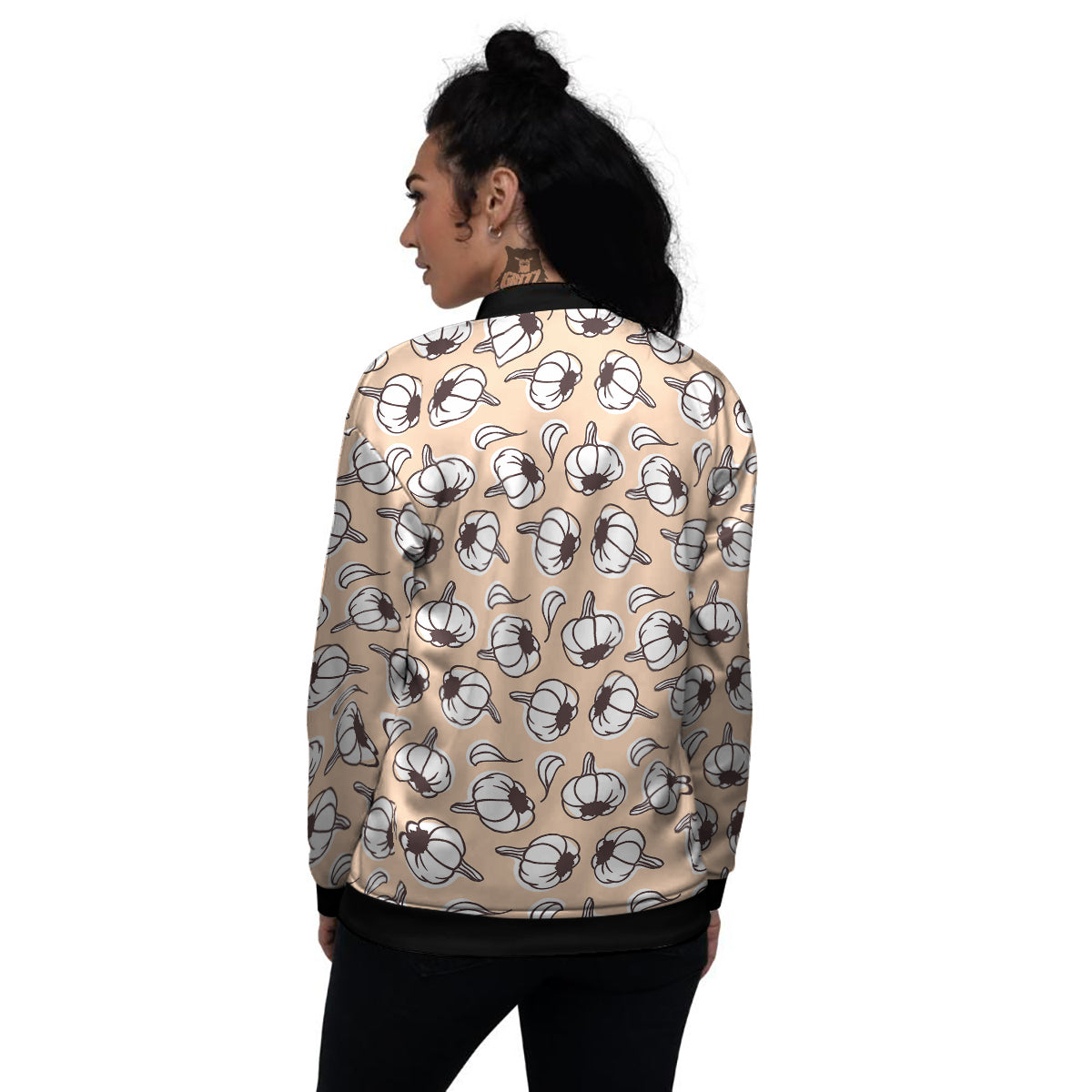 Beige Garlic Print Pattern Women's Bomber Jacket-grizzshop