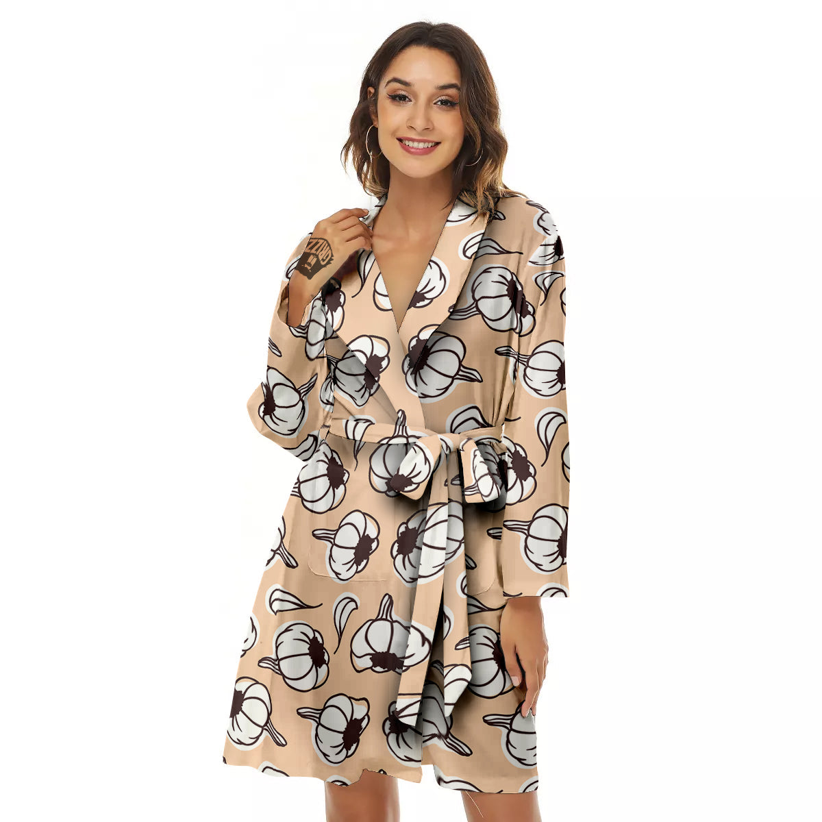 Beige Garlic Print Pattern Women's Robe-grizzshop