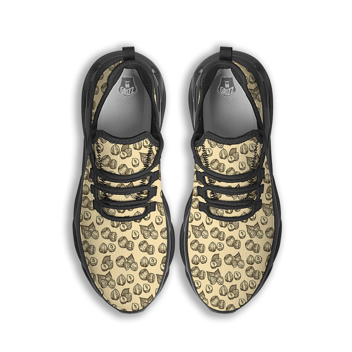 Beige Hazelnuts Print Pattern Black Running Shoes-grizzshop