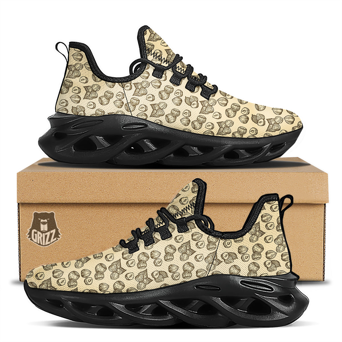 Beige Hazelnuts Print Pattern Black Running Shoes-grizzshop