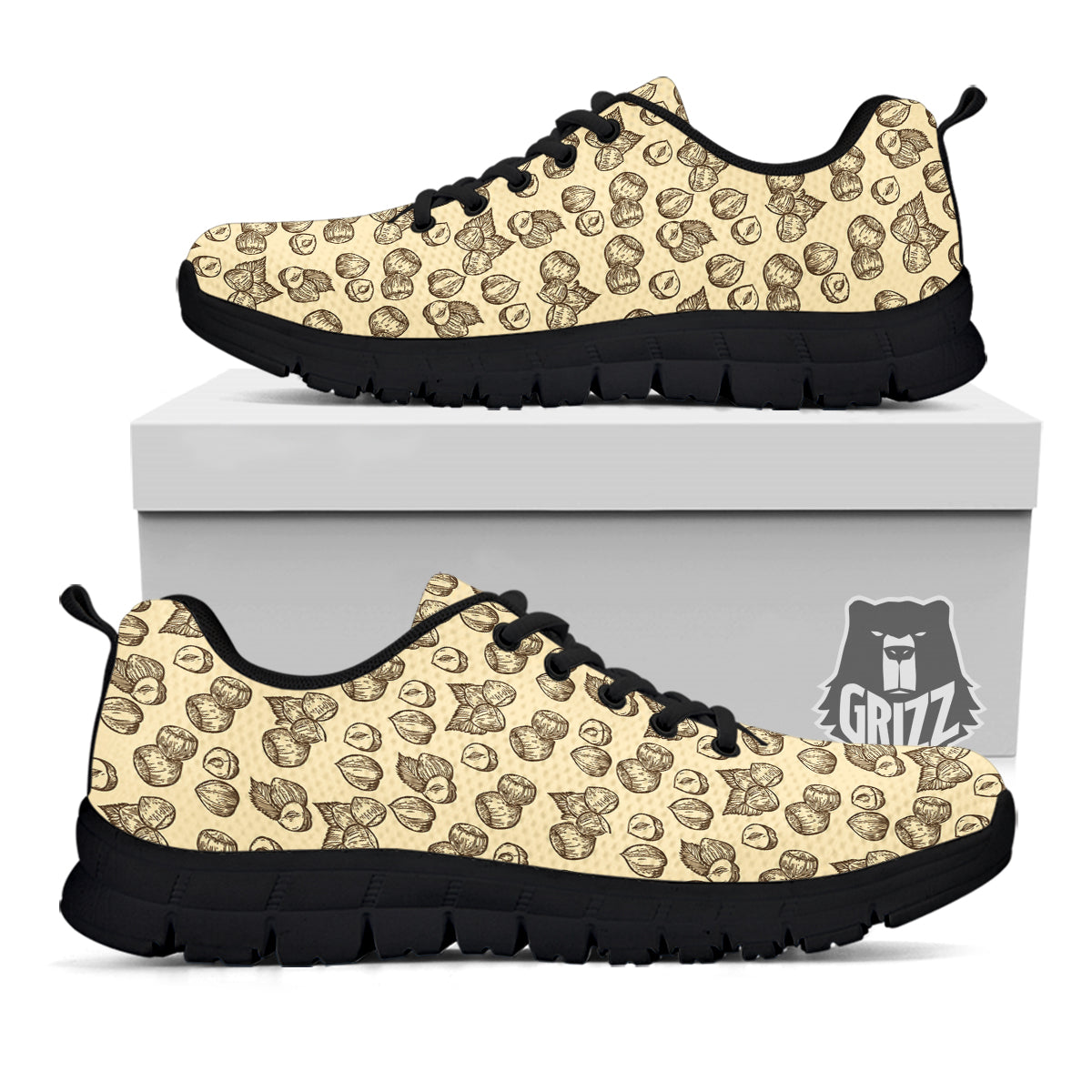 Beige Hazelnuts Print Pattern Black Sneaker-grizzshop
