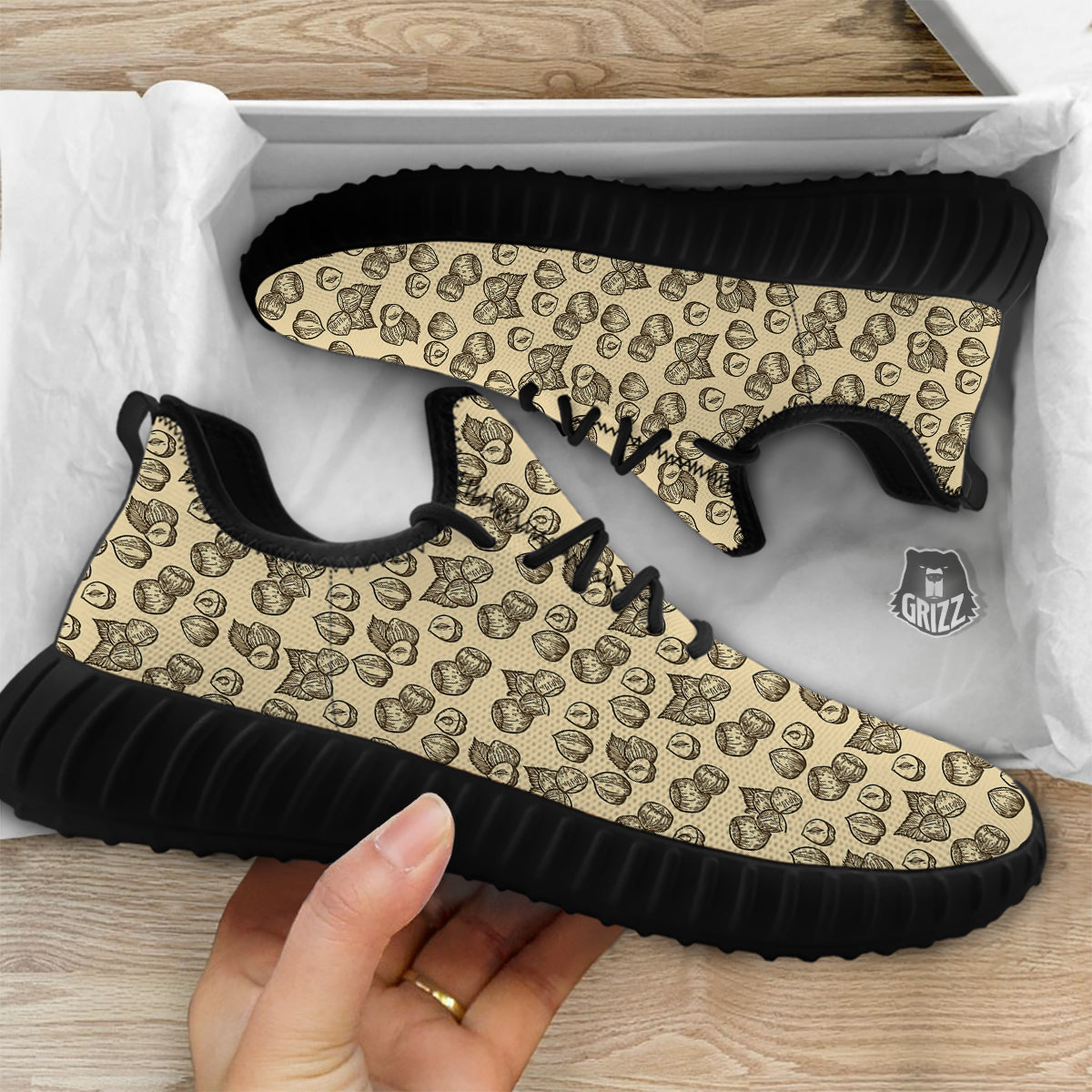 Beige Hazelnuts Print Pattern Black Walking Shoes-grizzshop