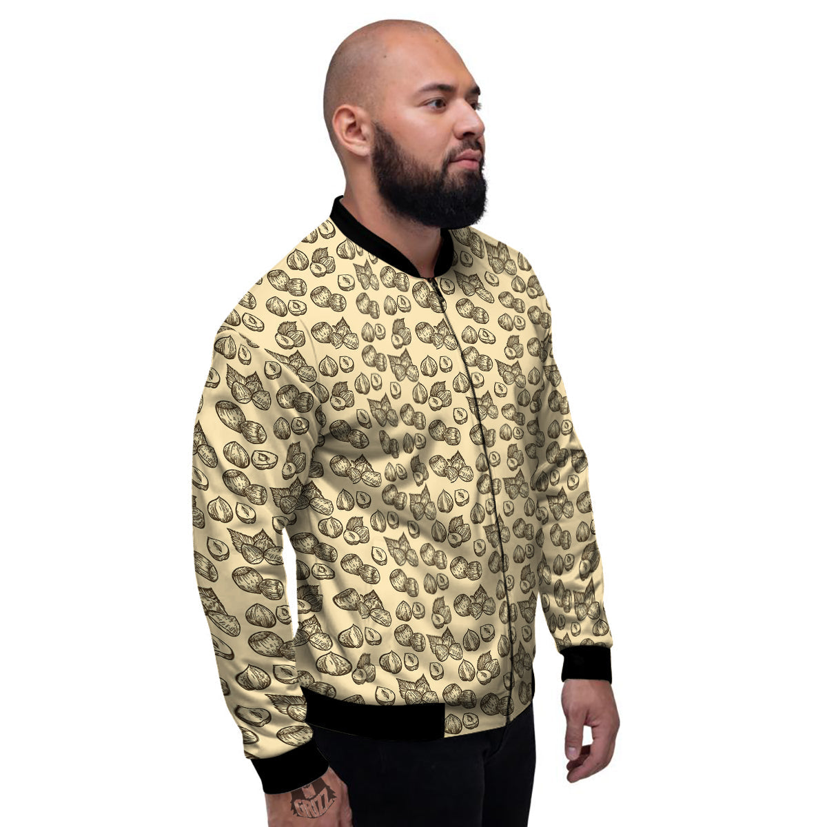 Beige Hazelnuts Print Pattern Men's Bomber Jacket-grizzshop