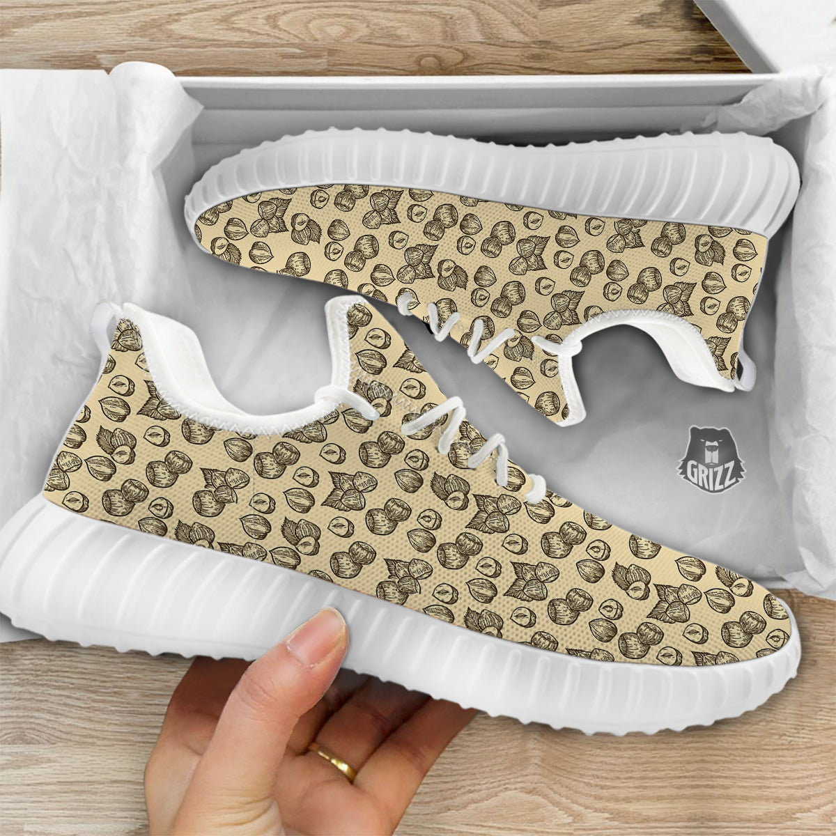 Beige Hazelnuts Print Pattern White Walking Shoes-grizzshop