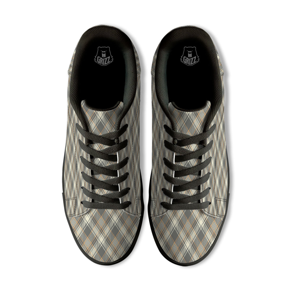 Beige Plaid And Grey Print Pattern Black Low Top Sneakers-grizzshop