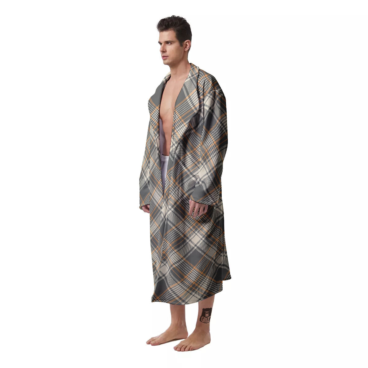 Beige Plaid And Grey Print Pattern Men's Robe-grizzshop