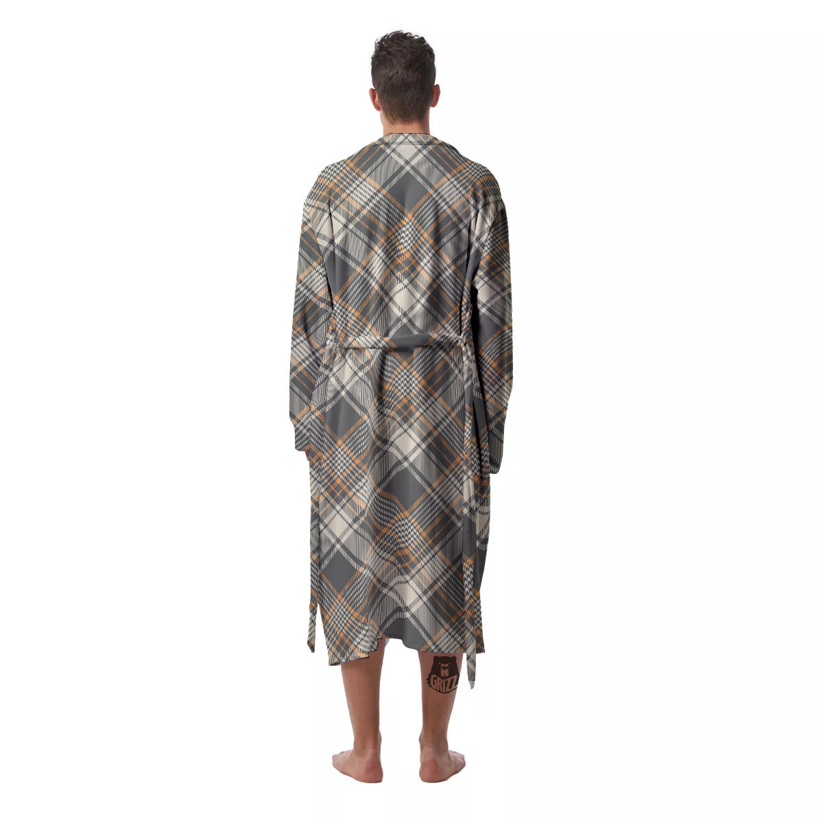 Beige Plaid And Grey Print Pattern Men's Robe-grizzshop