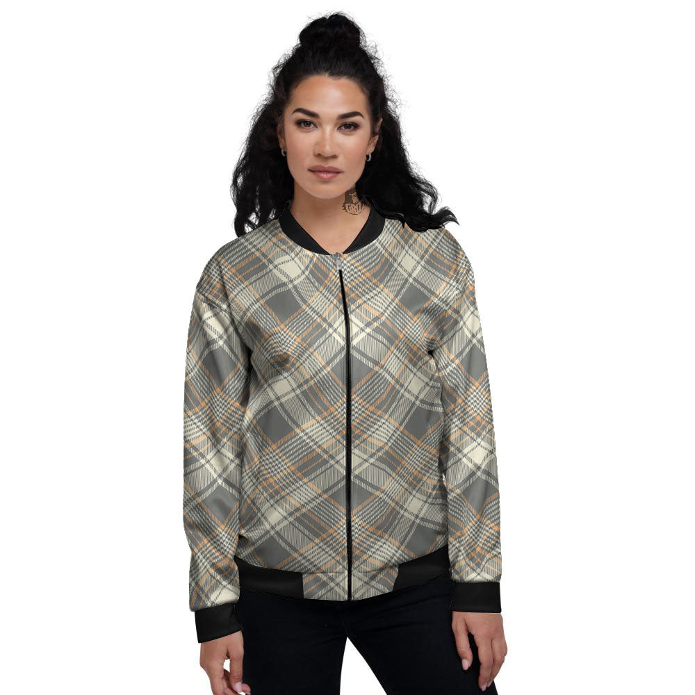 Beige Plaid And Grey Print Pattern Women's Bomber Jacket-grizzshop