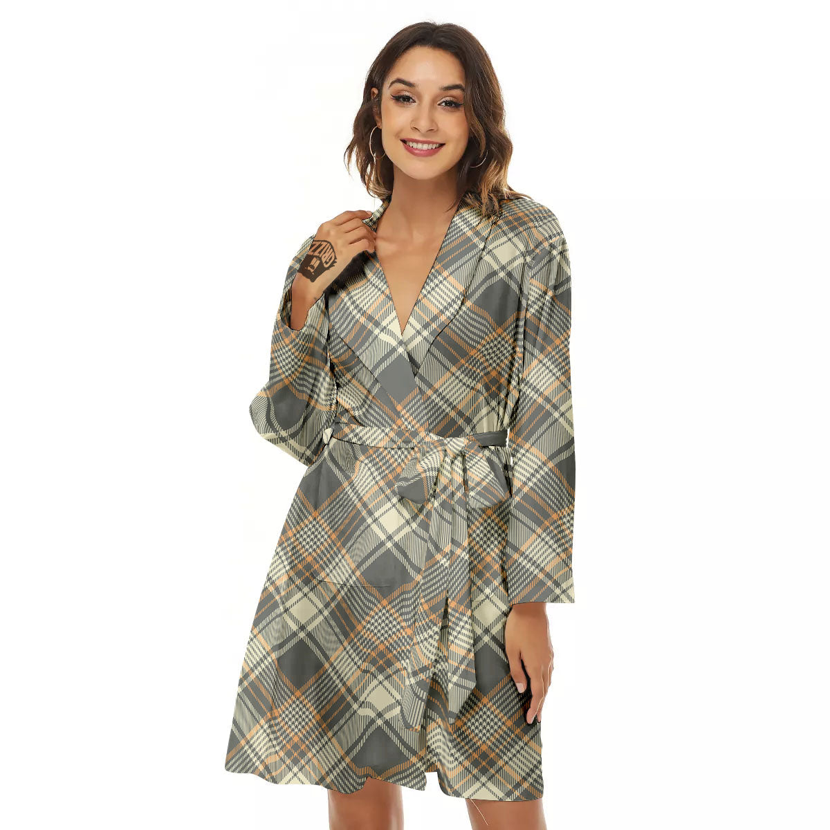 Beige Plaid And Grey Print Pattern Women's Robe-grizzshop