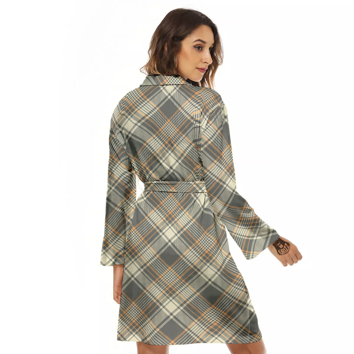 Beige Plaid And Grey Print Pattern Women's Robe-grizzshop