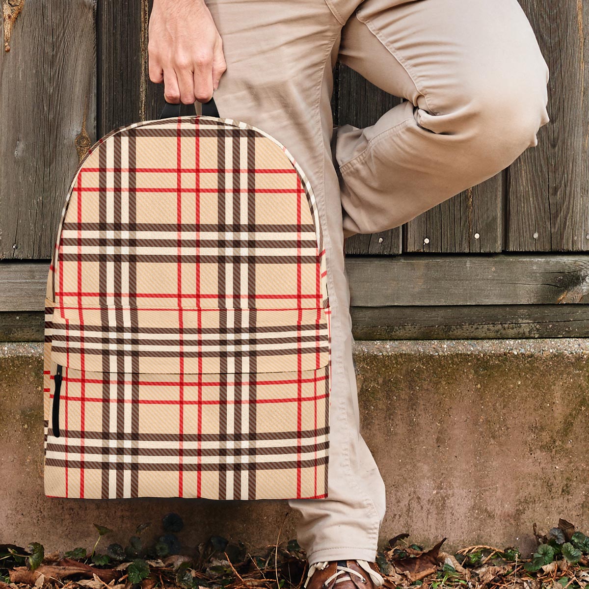 Beige Plaid Tartan Backpack-grizzshop