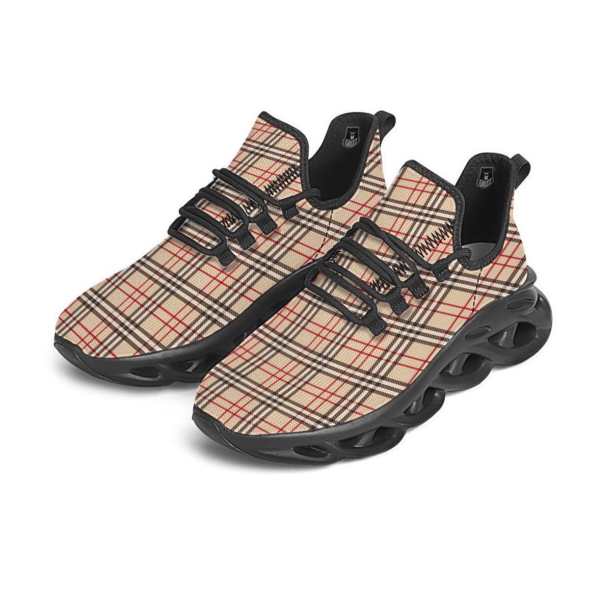 Beige Plaid Tartan Black Running Shoes-grizzshop