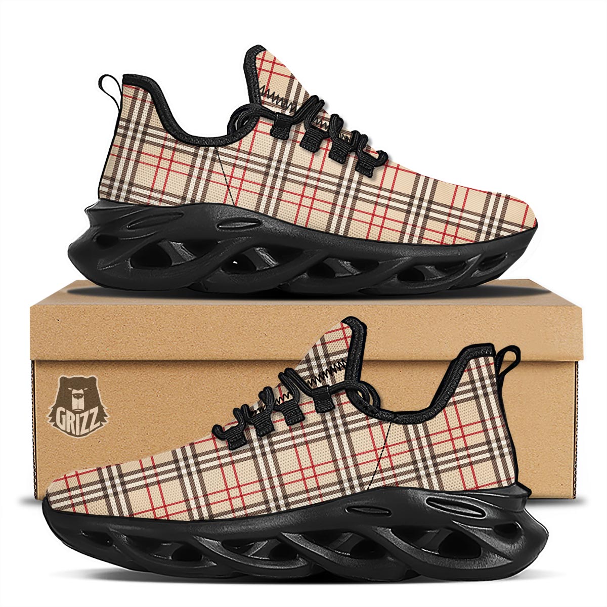 Beige Plaid Tartan Black Running Shoes-grizzshop