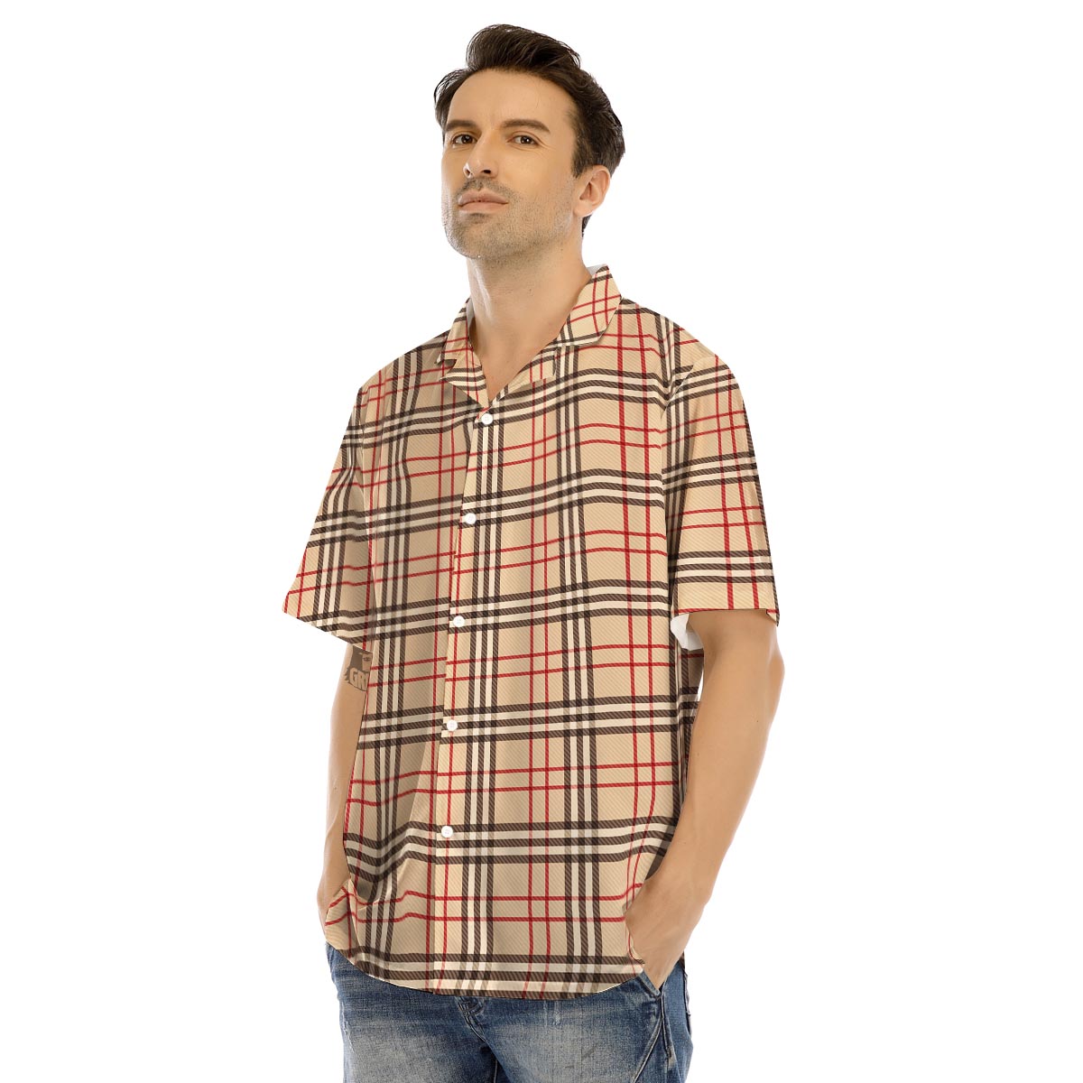 Beige Plaid Tartan Men’s Hawaiian Shirt-grizzshop