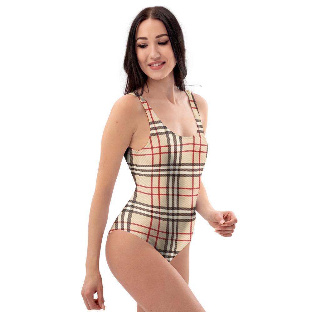 Beige Plaid Tartan One Piece Swimsuite-grizzshop