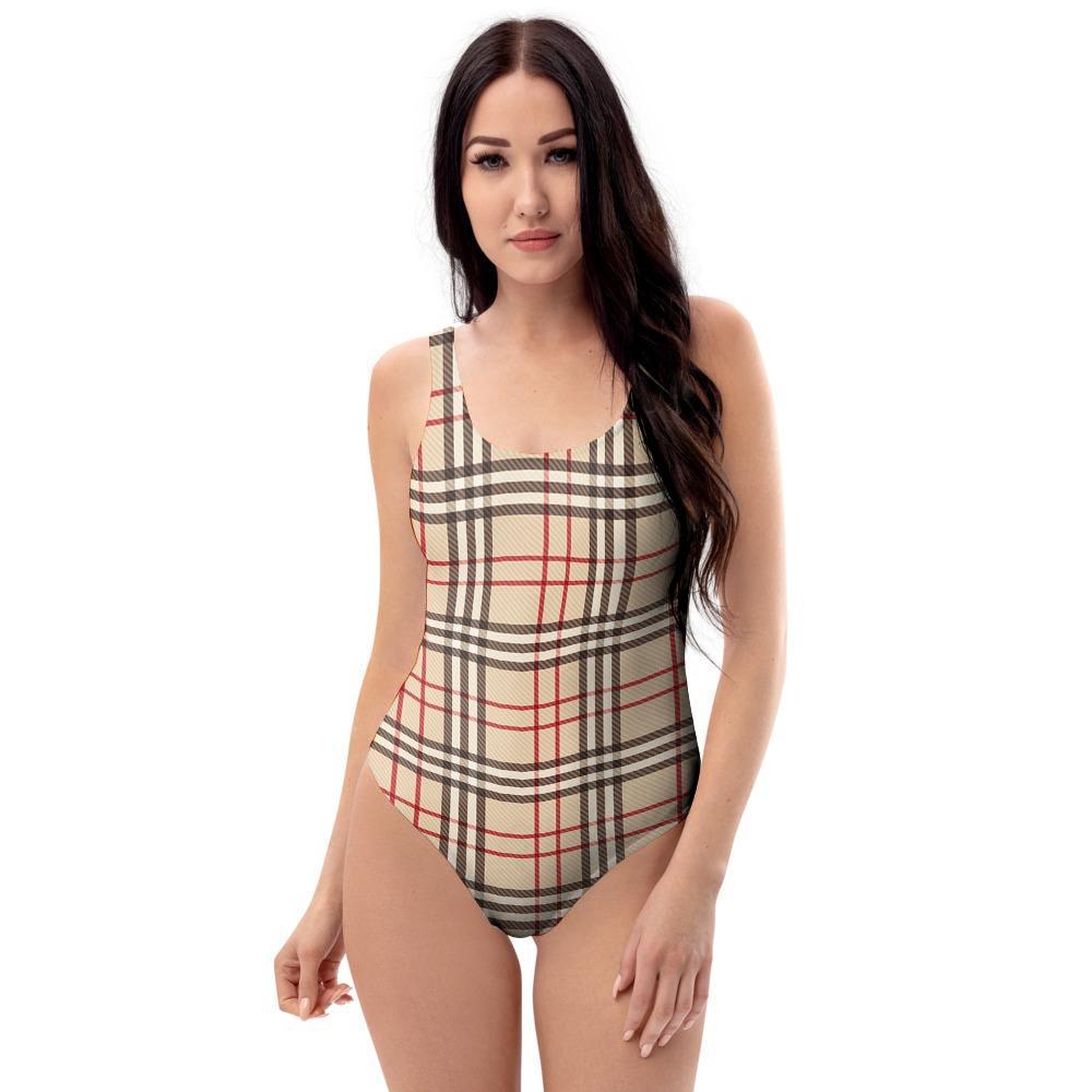Beige Plaid Tartan One Piece Swimsuite-grizzshop