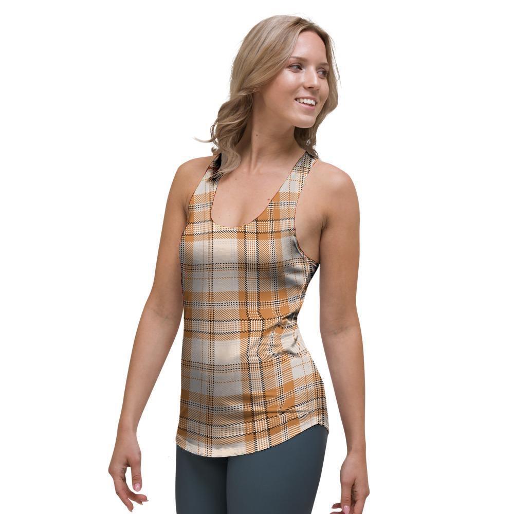 Beige Plaid Tartan Print Women's Racerback Tank Top-grizzshop