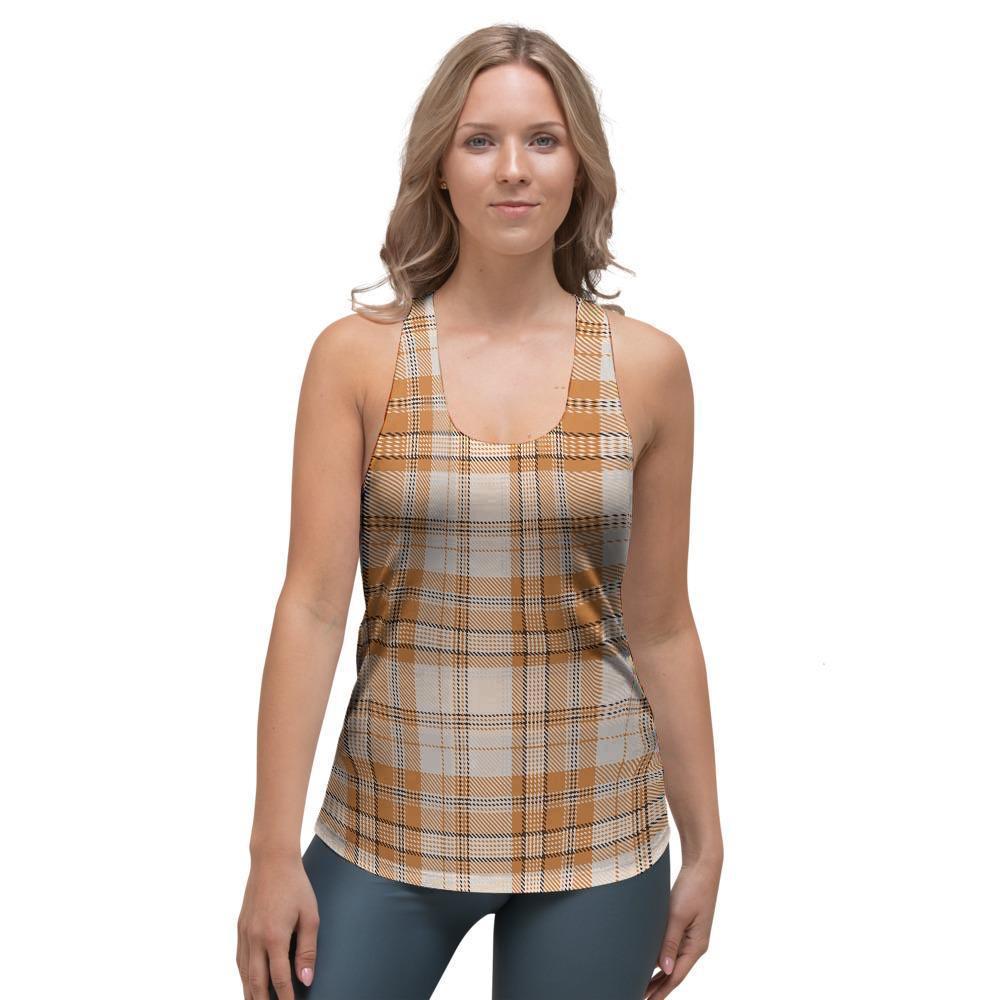 Beige Plaid Tartan Print Women's Racerback Tank Top-grizzshop
