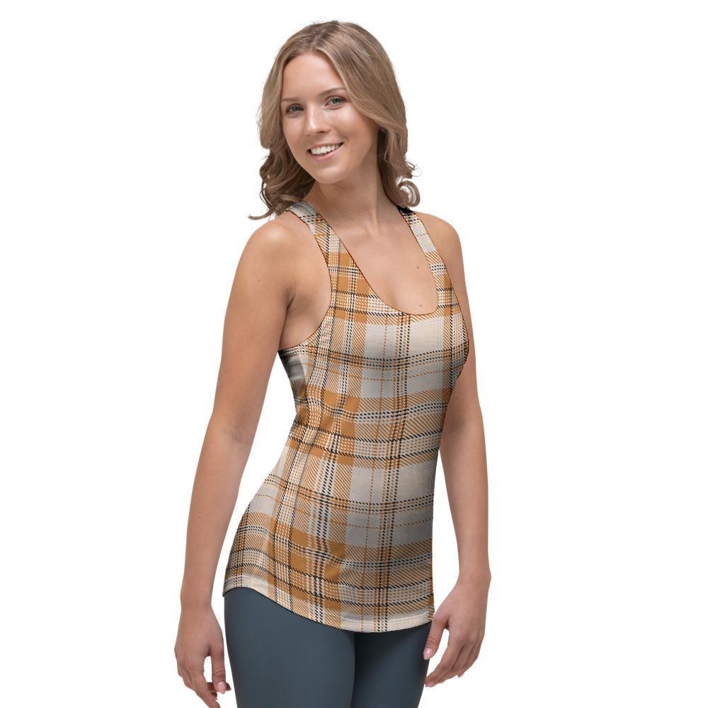 Beige Plaid Tartan Print Women's Racerback Tank Top-grizzshop