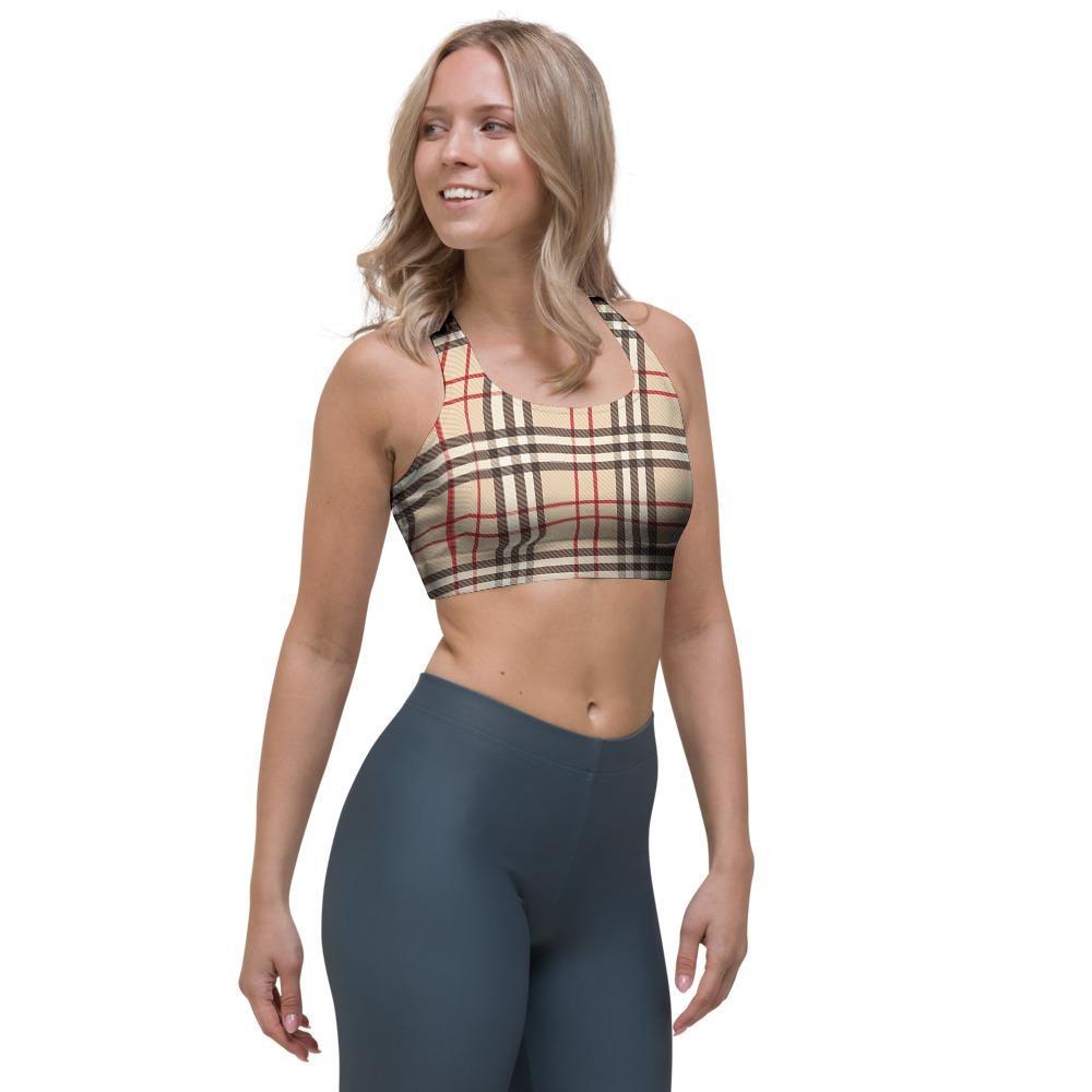 Beige Plaid Tartan Sports Bra-grizzshop