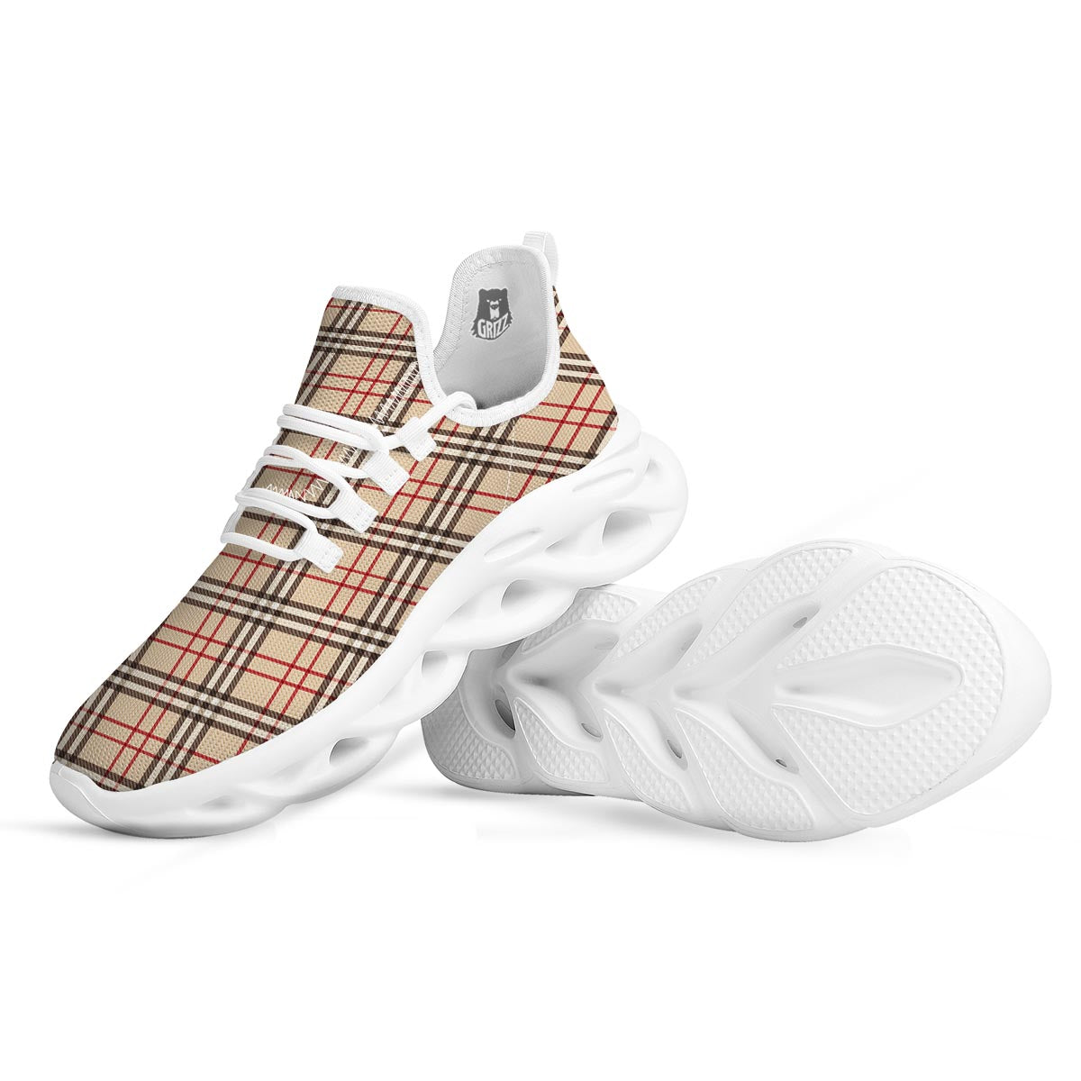 Beige Plaid Tartan White Running Shoes-grizzshop