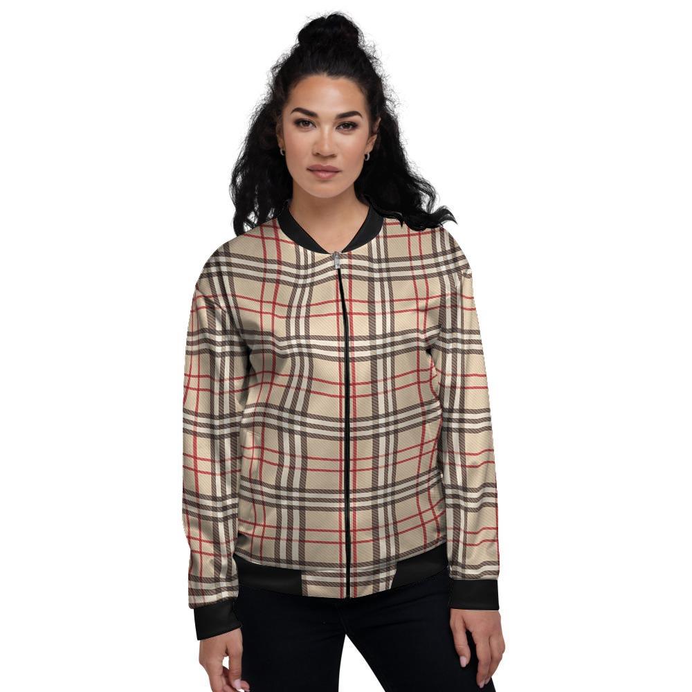 Beige Plaid Tartan Women's Bomber Jacket-grizzshop