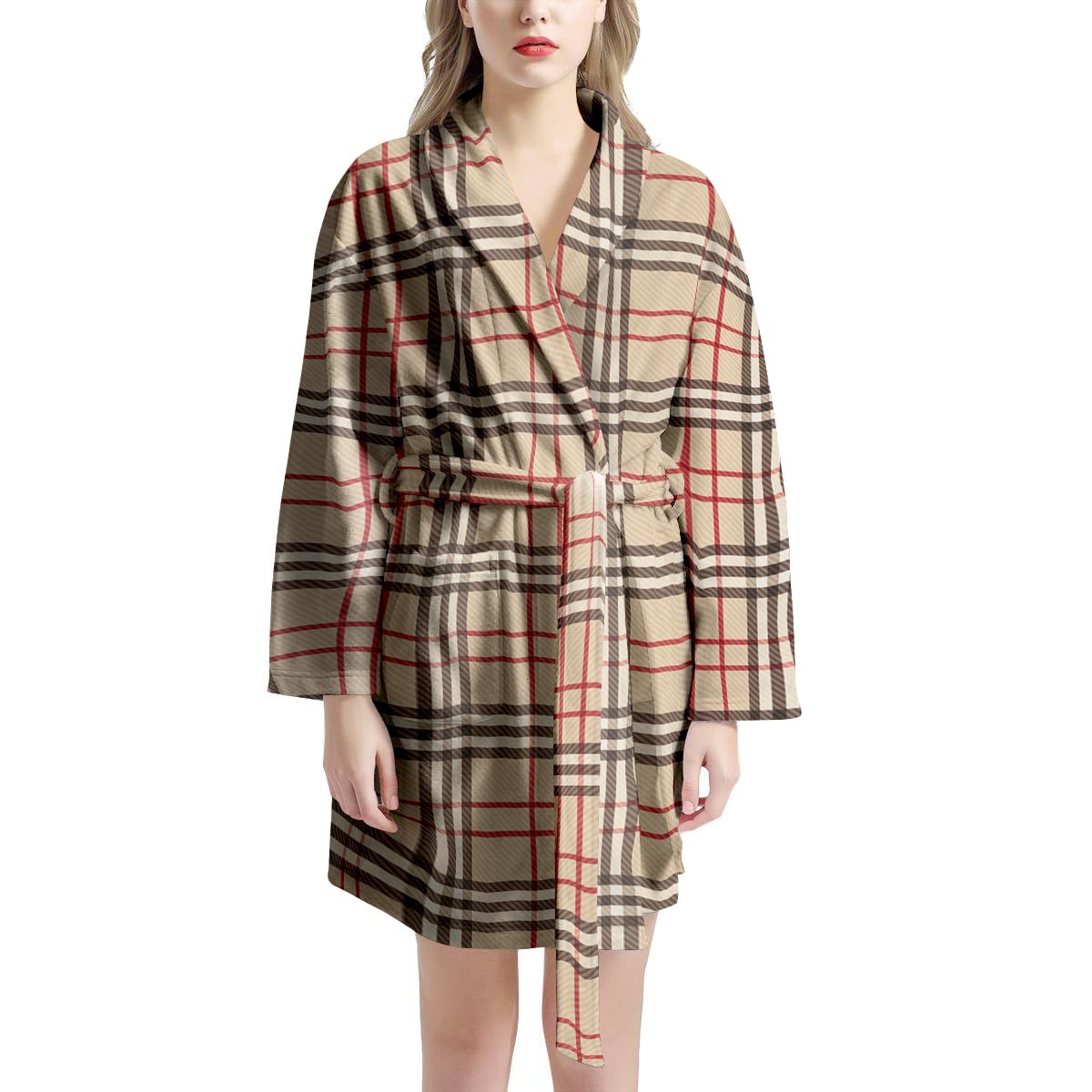 Beige Plaid Tartan Women's Robe-grizzshop