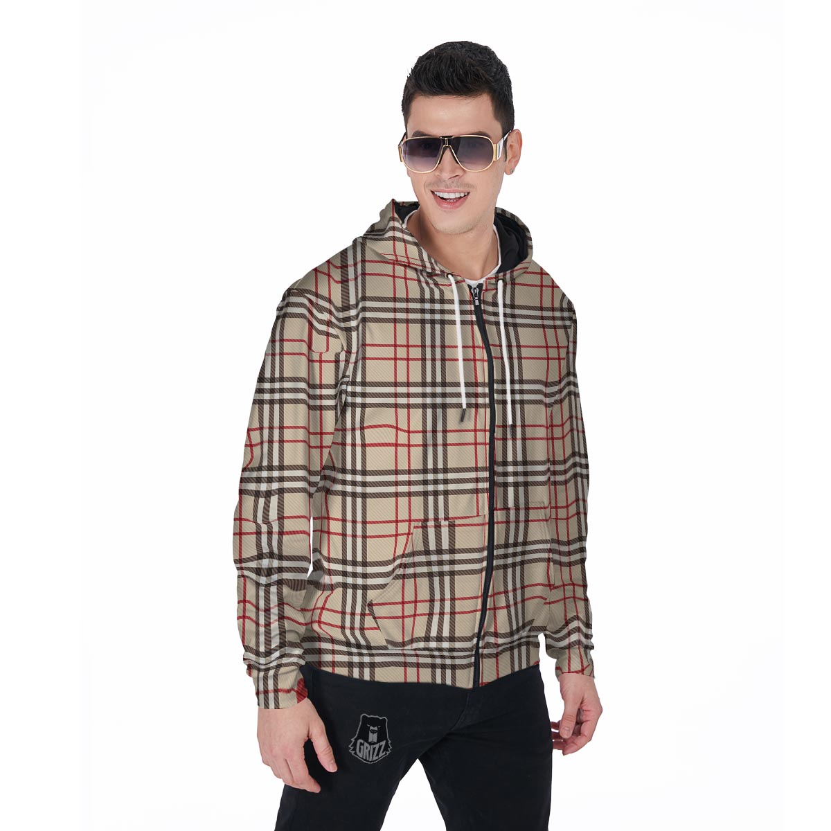 Beige Plaid Tartan Men's Zip Up Hoodie-grizzshop