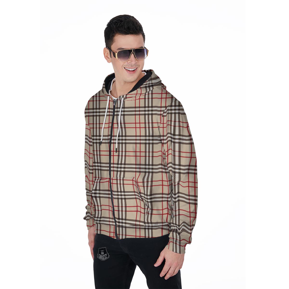 Beige Plaid Tartan Men's Zip Up Hoodie-grizzshop