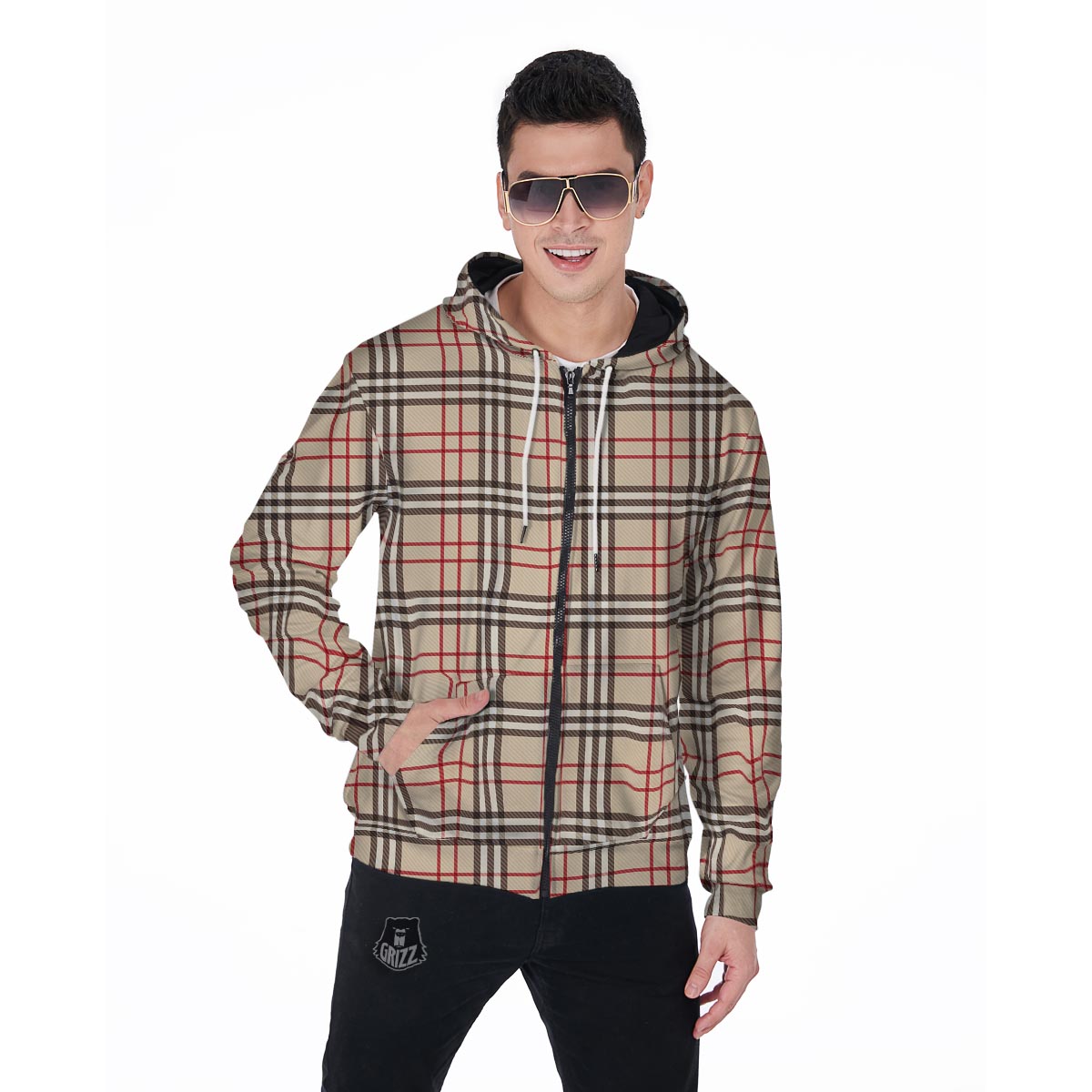 Beige Plaid Tartan Men's Zip Up Hoodie-grizzshop