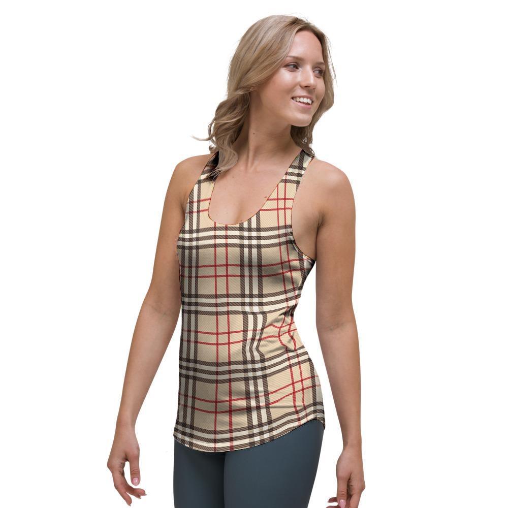 Beige Plaid Tartan Women's Racerback Tank Top-grizzshop