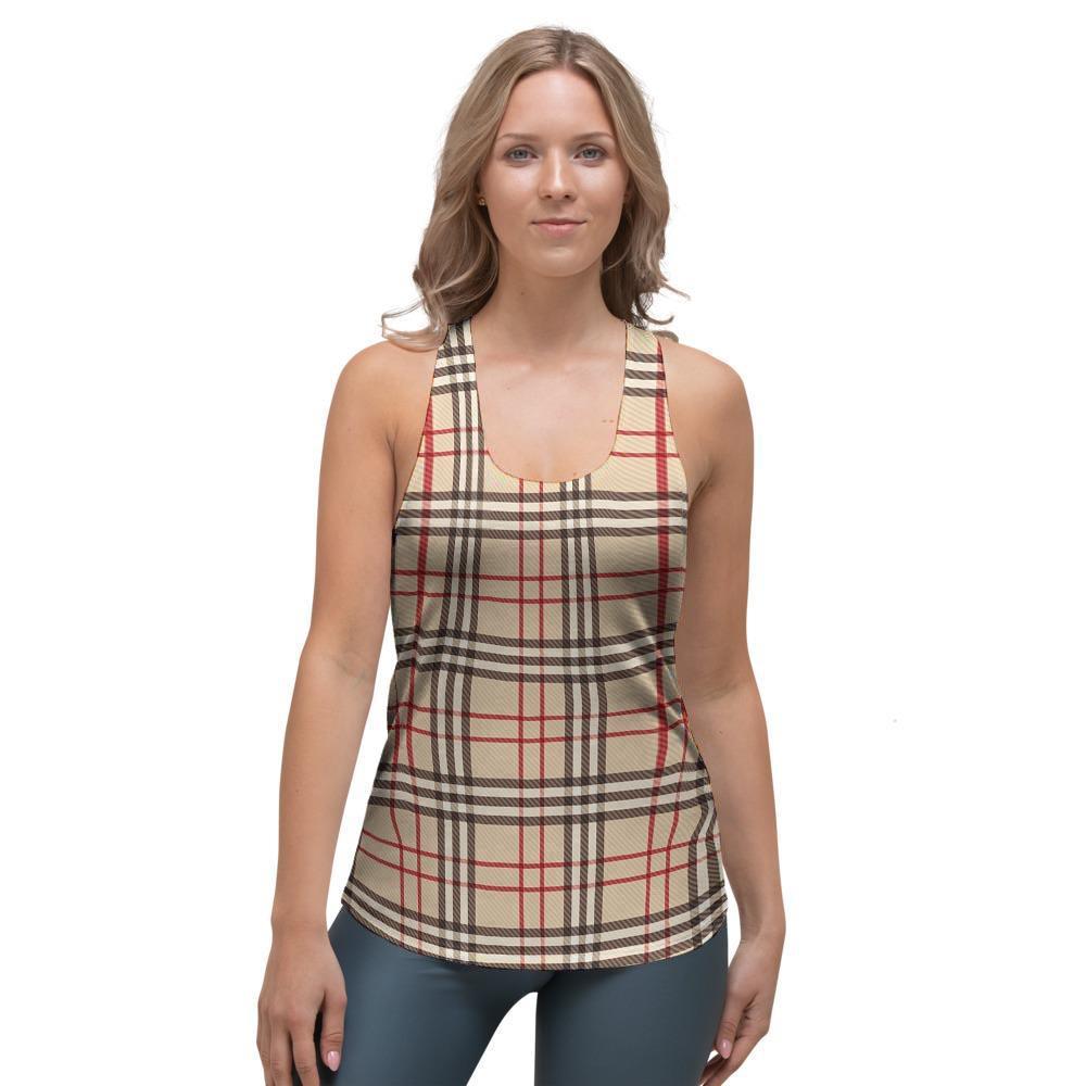 Beige Plaid Tartan Women's Racerback Tank Top-grizzshop