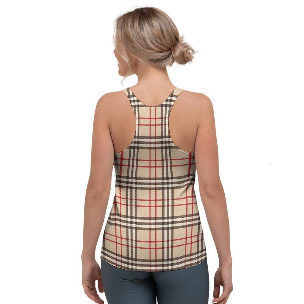 Beige Plaid Tartan Women's Racerback Tank Top-grizzshop