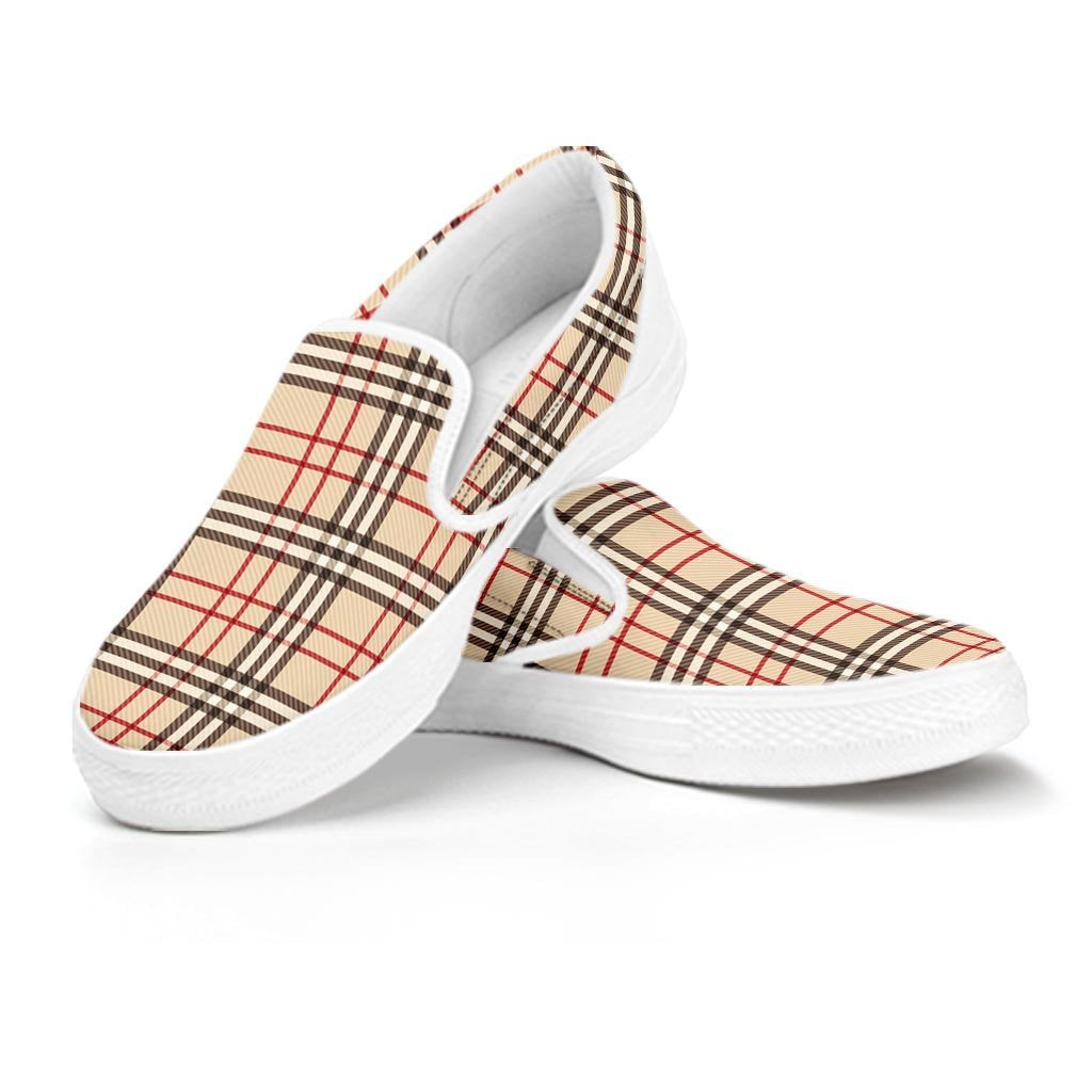 Beige Plaid Tartan Women's Slip On Sneakers-grizzshop