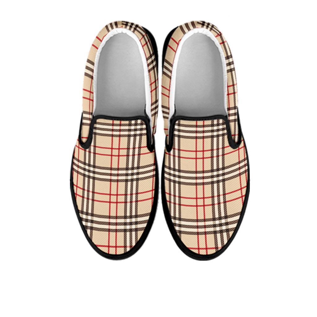 Beige Plaid Tartan Women's Slip On Sneakers-grizzshop
