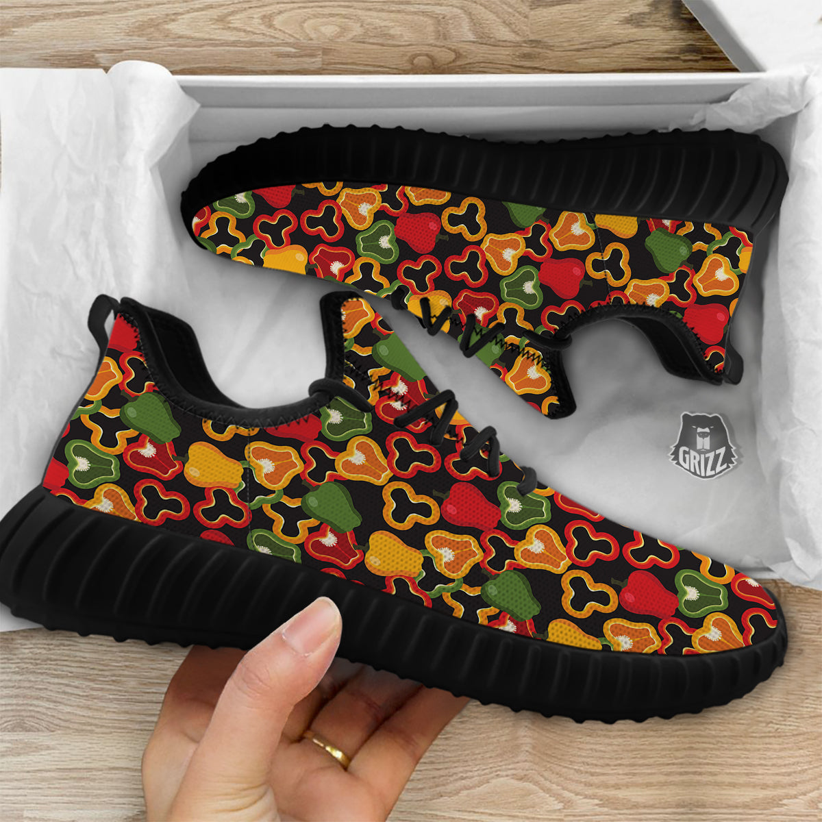 Bell Pepper Black Print Pattern Black Walking Shoes-grizzshop