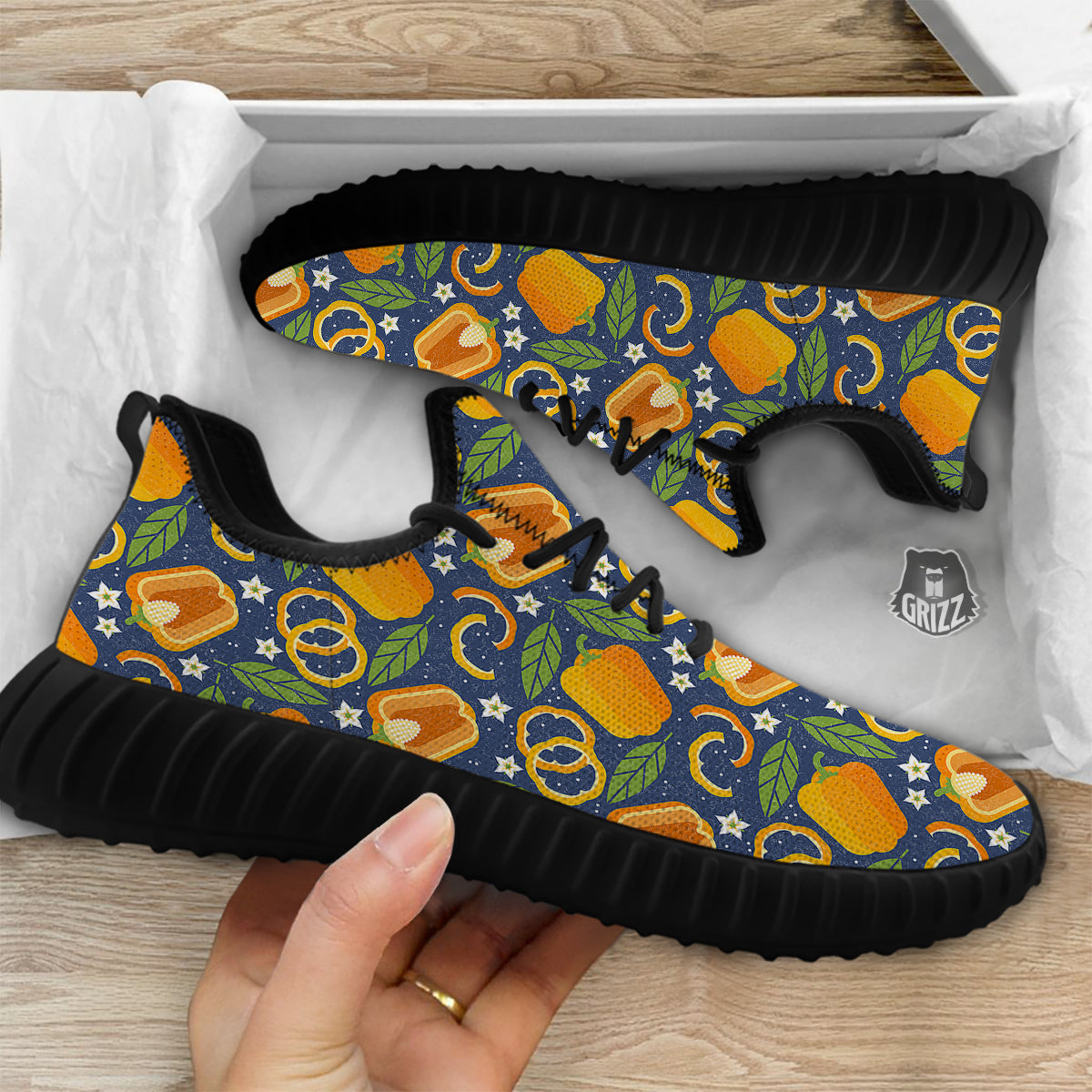 Bell Pepper Leaf Print Pattern Black Walking Shoes-grizzshop