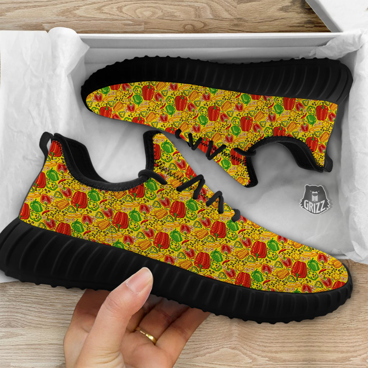 Bell Pepper Yellow Print Pattern Black Walking Shoes-grizzshop